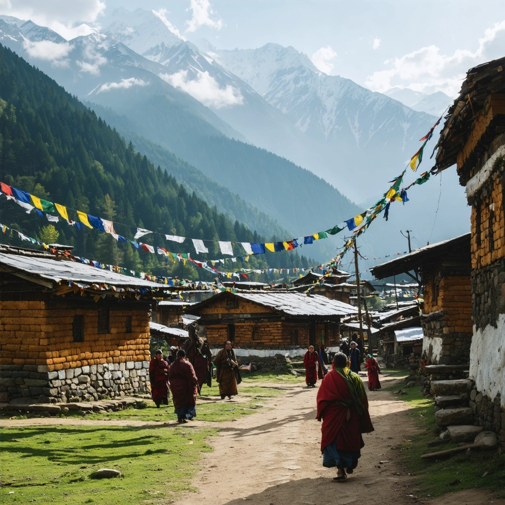 Un village traditionnel du Bhoutan dans les montagnes, maisons en bois, drapeaux de prière colorés et habitants en costume local, vallée verdoyante et sommets enneigés.