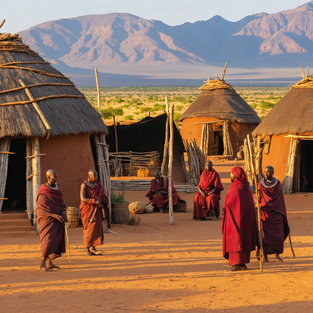 Village isolé du Kaokoland en Namibie avec des cases himba, des habitants en tenue traditionnelle et le soleil couchant sur un paysage désertique et montagneux.