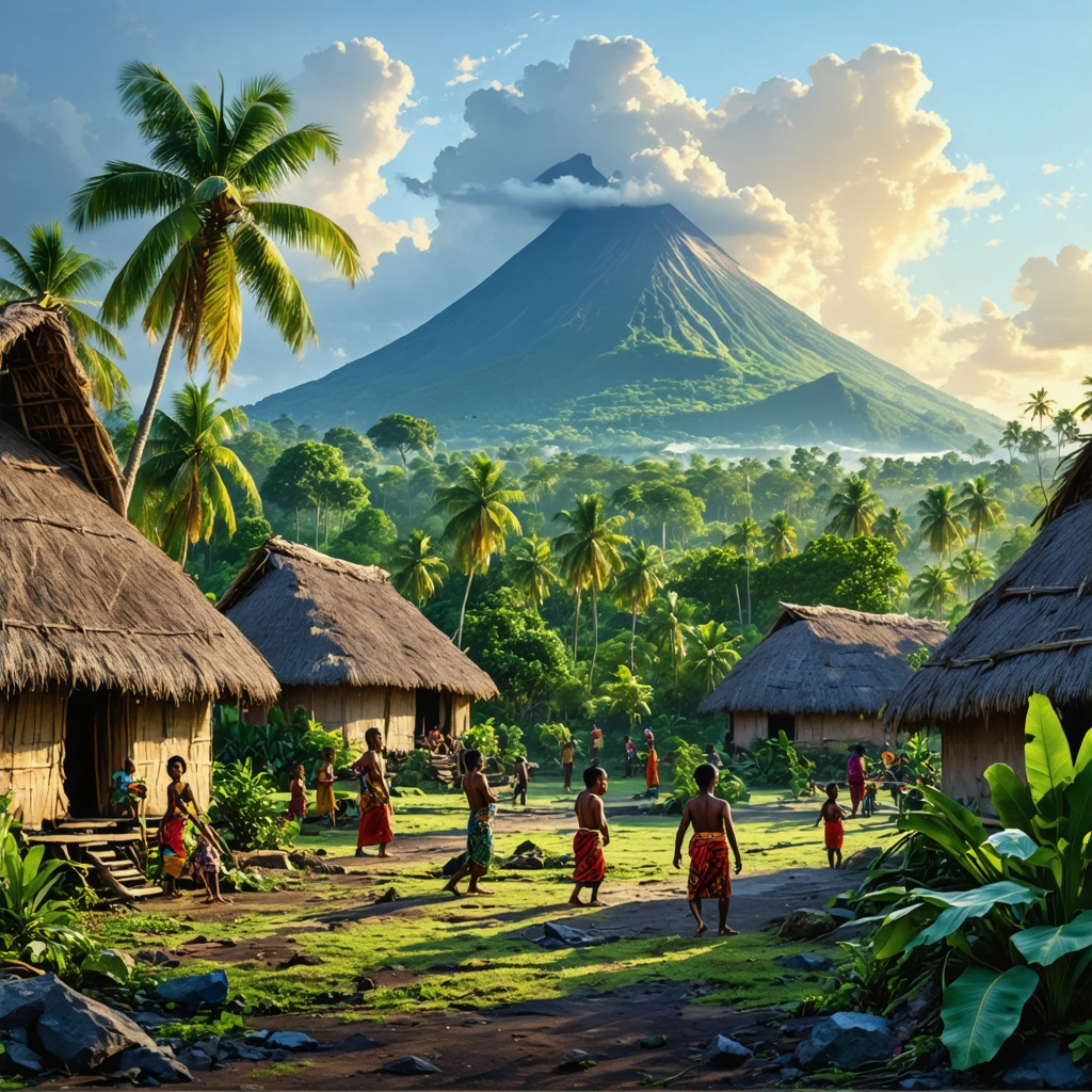 Village isolé sur une île extérieure du Vanuatu, entouré de jungle luxuriante, maisons traditionnelles en matériaux naturels, habitants locaux en tenue colorée, et montagnes volcaniques en arrière-plan.