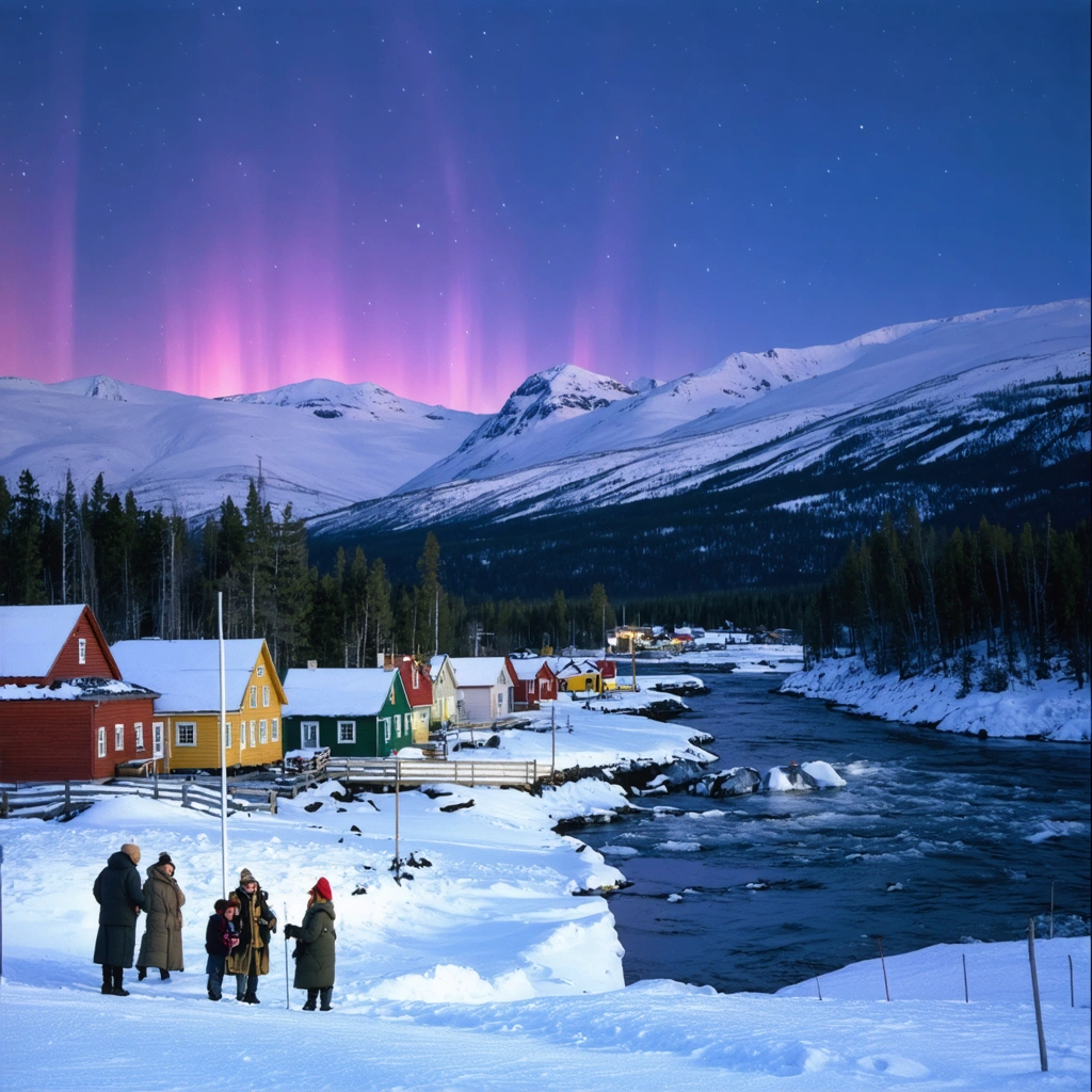 Un village isolé du Yukon en hiver, avec des maisons en bois colorées au bord d’une rivière, entourées de forêts enneigées et de montagnes, sous un ciel crépusculaire où dansent des aurores boréales. Quelques habitants en habits chauds et des voyageurs s’y rencontrent dans une ambiance accueillante et sauvage.