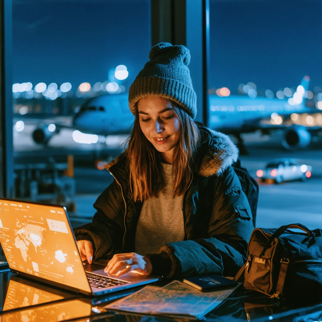 Lucie, une voyageuse souriante, réserve un vol de dernière minute sur son ordinateur portable de nuit, entourée d’accessoires de voyage, d’une carte et de son passeport, l’aéroport brillant à l’arrière-plan.