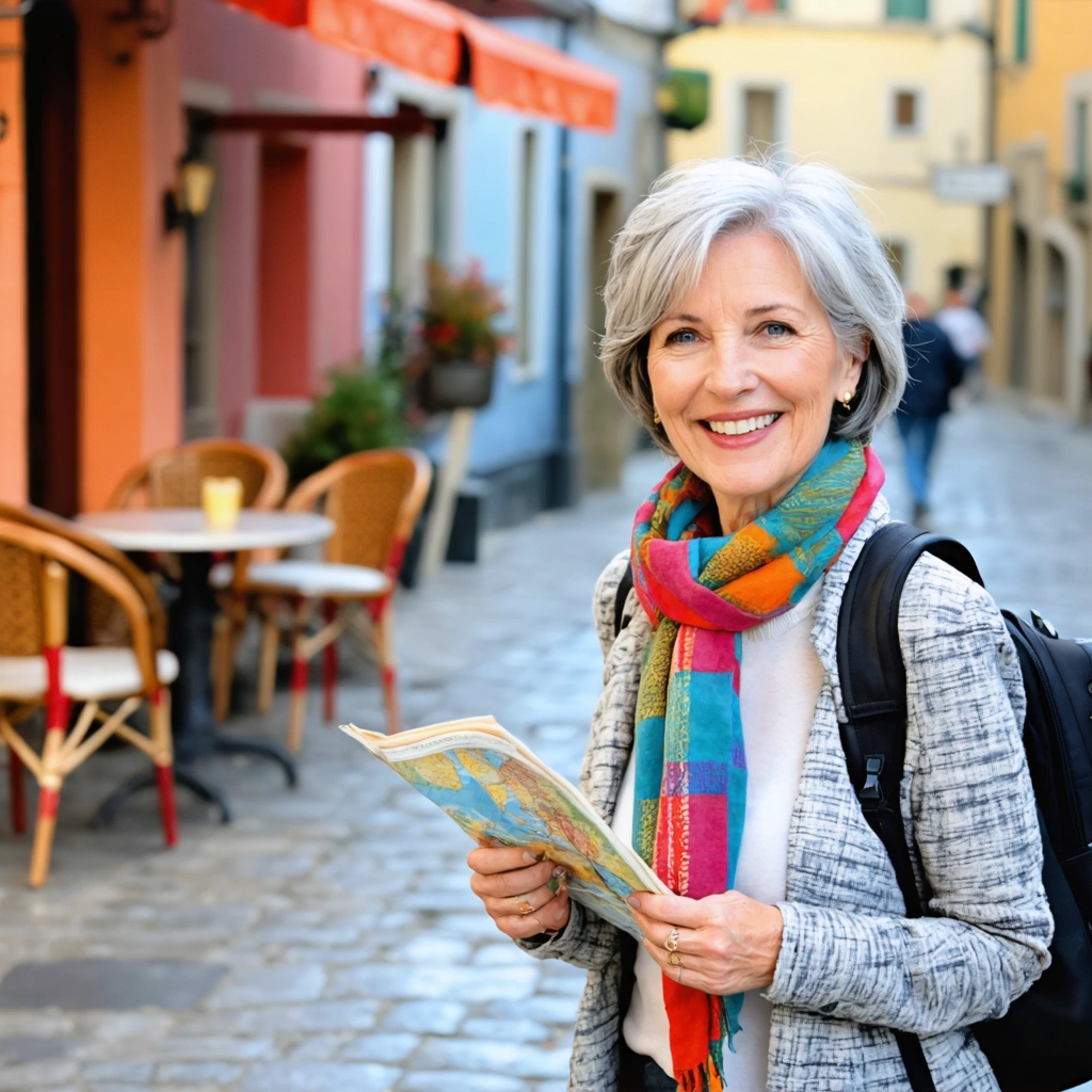 Une femme souriante d'environ 50 ans, foulard coloré, marchant seule dans une rue animée d'une ville européenne, valise à la main.