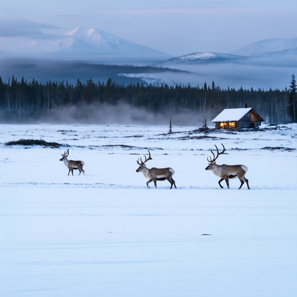 Paysage du Yukon au crépuscule avec des forêts enneigées, des montagnes brumeuses au loin et des caribous traversant la neige vierge, une petite cabane isolée éclairée en arrière-plan.