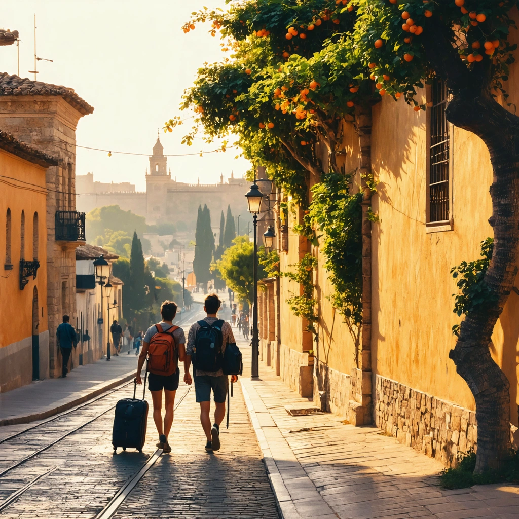 Voyageuses et voyageurs avec de petits bagages dans une rue ensoleillée d’Andalousie, au milieu d’une architecture mauresque et d’une ambiance urbaine paisible, illustrant un circuit sans voiture.