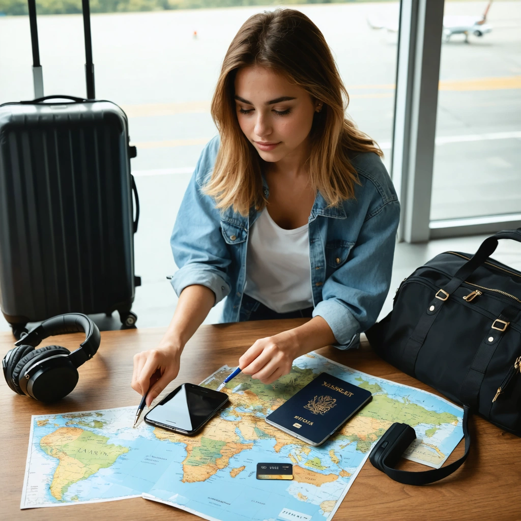 Une voyageuse prepare son depart avec un smartphone affichant des applications de voyage, un passeport, une carte d embarquement et une valise cabine poses sur une table.