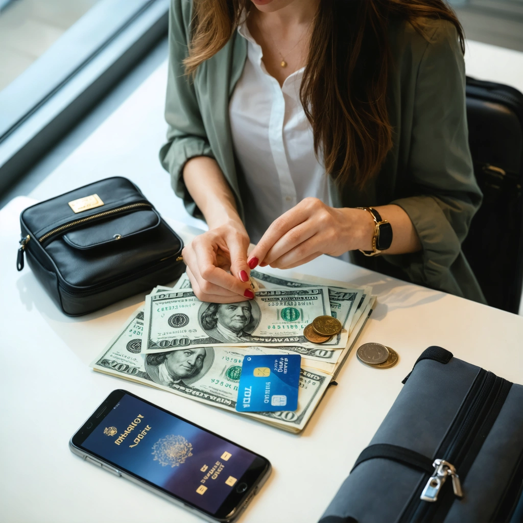 Une voyageuse organise son argent en voyage avec des billets, une carte bancaire, un passeport et un téléphone sur une table d’aeroport.