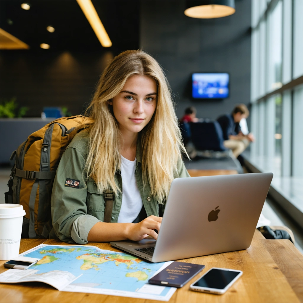 Une voyageuse compare des assurances voyage longue durée sur son ordinateur avec son passeport, son sac à dos et des documents de voyage posés sur une table.