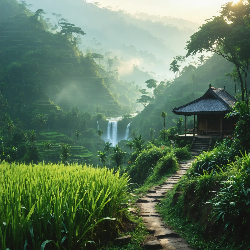 Vue réaliste d'un coin secret de Bali avec rizières verdoyantes, jungle tropicale, petit chemin paisible et village balinais traditionnel au loin