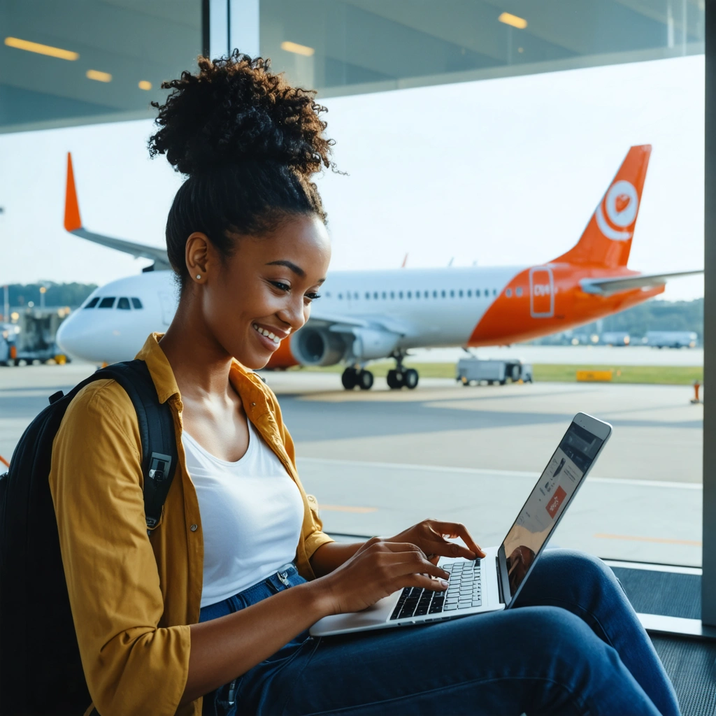 Une voyageuse souriante compare des billets d’avion sur un ordinateur portable dans un aéroport, avec une valise cabine à côté d’elle et des avions visibles au loin.