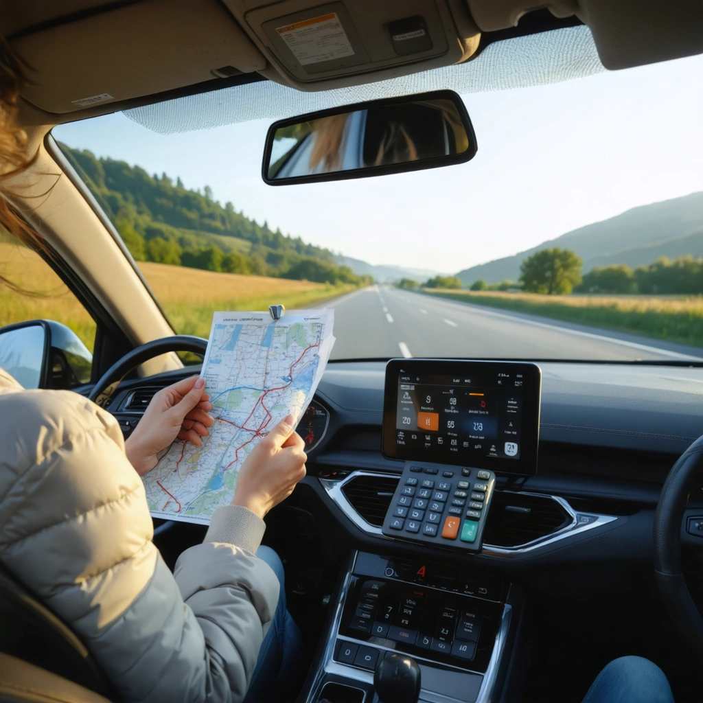 Une voyageuse dans une voiture de road trip calcule son budget essence avec une carte, un carnet et une calculatrice près d'une station-service.