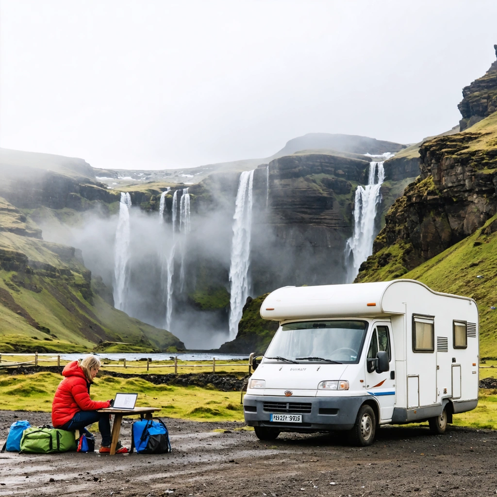 Un van amenage stationne dans un camping en Islande, avec des voyageurs qui consultent leur budget de road trip devant un paysage de montagnes et de nature sauvage.