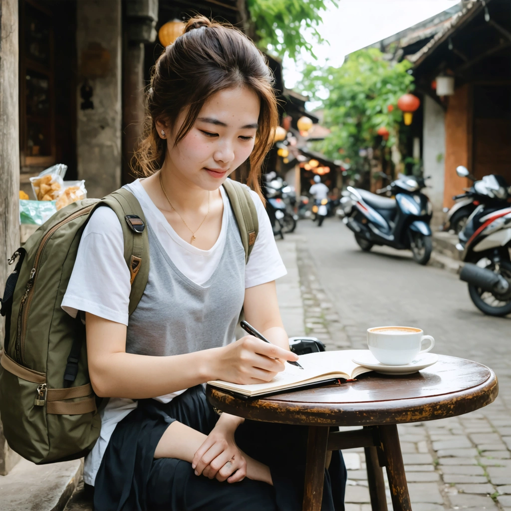 Une voyageuse assise à une table dans une rue animée du Vietnam, en train de calculer son budget avec un carnet, un téléphone, un cafe vietnamien et de la street food autour d elle.