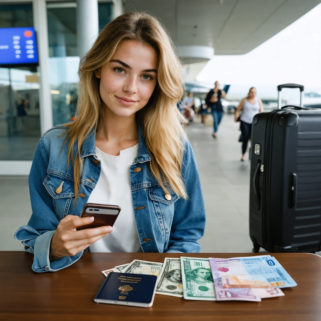 Une voyageuse consulte sa carte bancaire et son smartphone avant un depart, avec une valise, un passeport et des accessoires de voyage autour d elle.