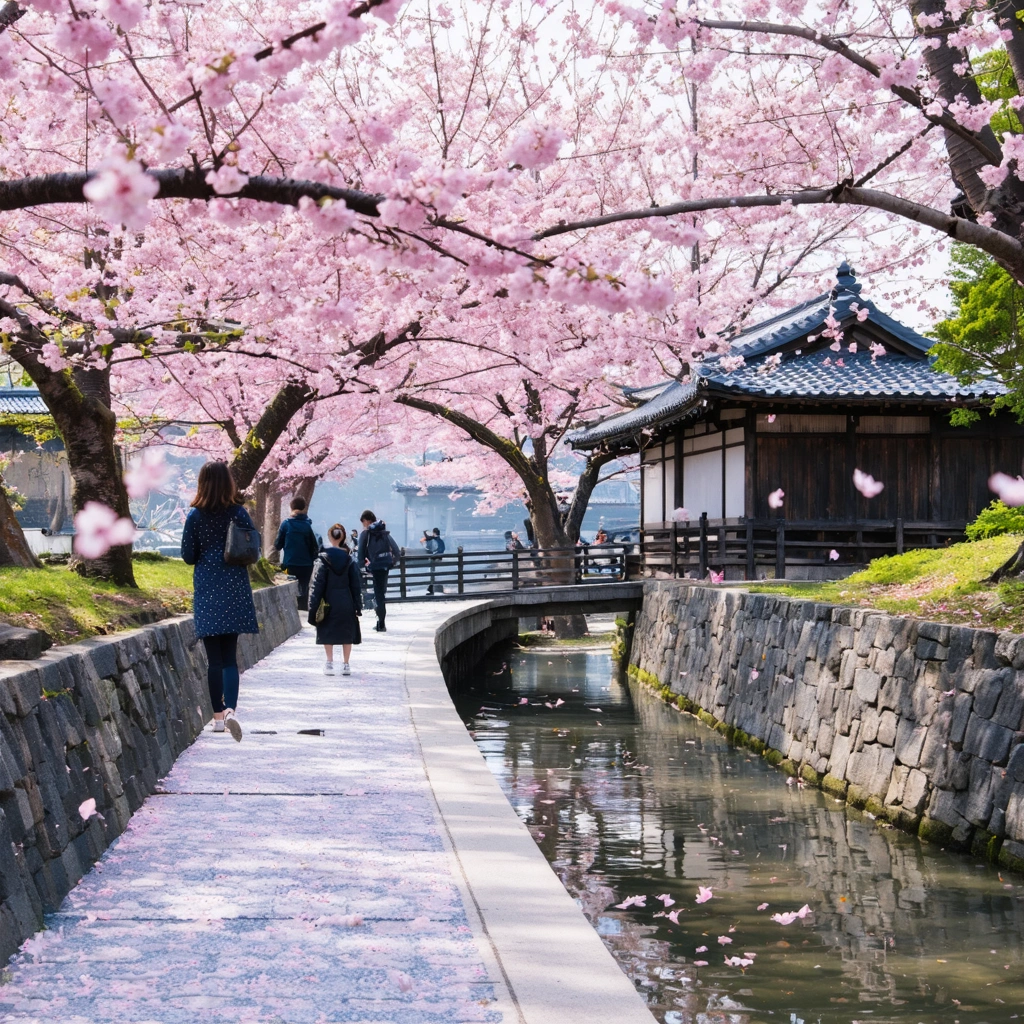 Allée japonaise bordée de cerisiers en fleurs au printemps, avec pétales roses qui tombent, canal, architecture traditionnelle et personnes en pique-nique hanami