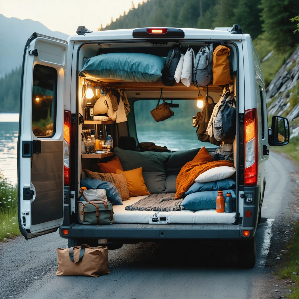 Un van amenage gare au bord d une route panoramique avec les portes arriere ouvertes, montrant l equipement indispensable pour un road trip comme la literie, le materiel de cuisine, des gourdes, une trousse de secours et des chaises pliantes.