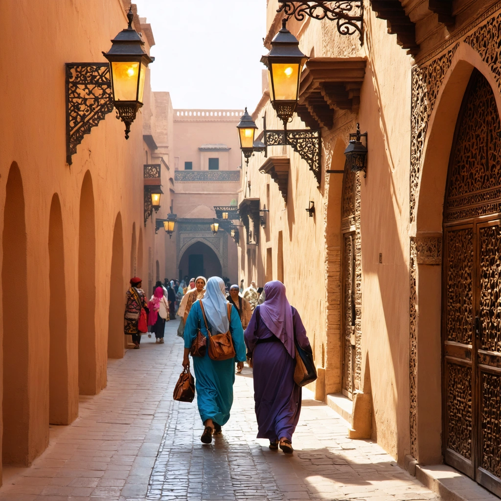 Vue réaliste d'une ruelle de médina marocaine avec architecture traditionnelle, lanternes, zelliges et voyageurs découvrant les villes impériales du Maroc