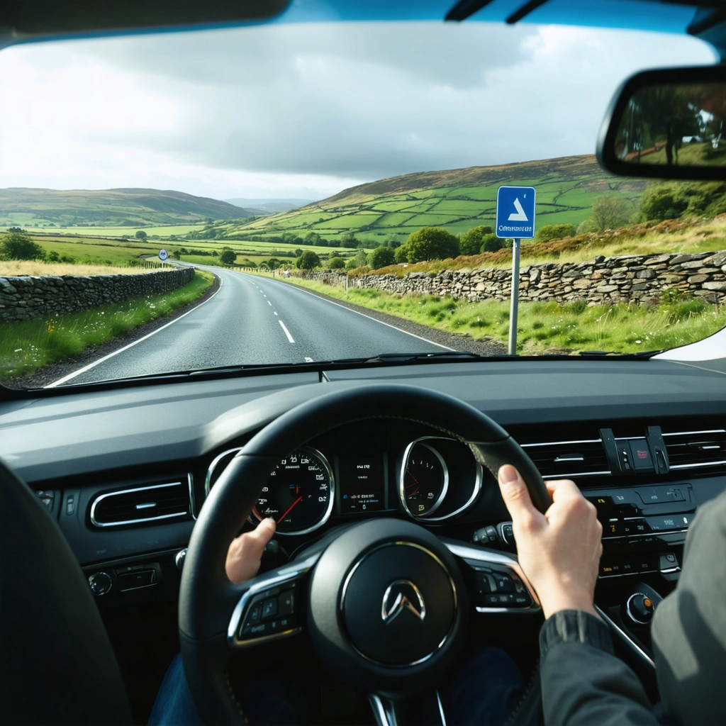 Vue réaliste depuis l’intérieur d’une voiture circulant à gauche sur une route de campagne en Angleterre ou en Écosse, avec paysage verdoyant et signalisation britannique.