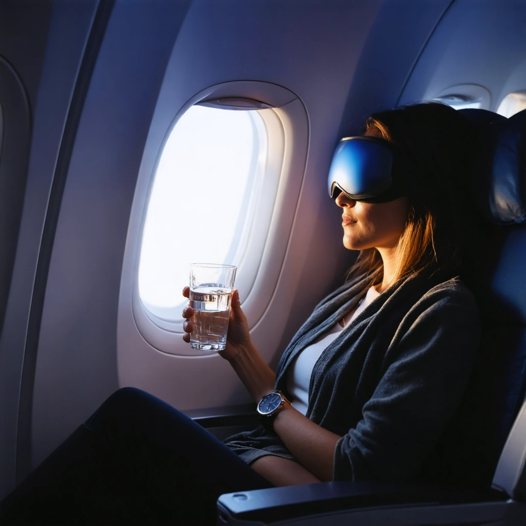 Voyageuse détendue dans un avion long-courrier au lever du jour, avec un verre d’eau et des accessoires de sommeil pour mieux gérer le décalage horaire