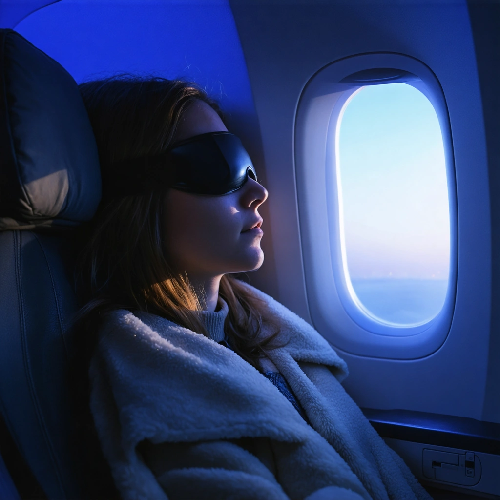 Une voyageuse dort paisiblement sur un siège côté hublot en classe économique, avec un coussin de nuque et une couverture pendant un vol de nuit.