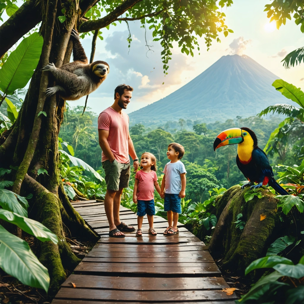 Une famille avec deux enfants observe la faune dans une forêt tropicale du Costa Rica, avec une végétation dense et une ambiance de voyage nature.