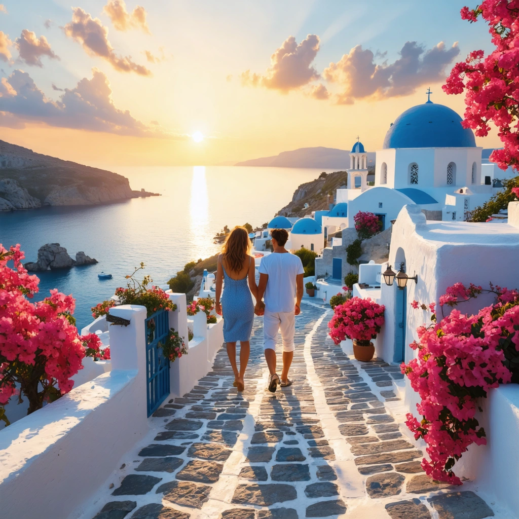 Couple se promenant au coucher du soleil dans un village grec blanc avec vue sur la mer turquoise, dans une ambiance romantique