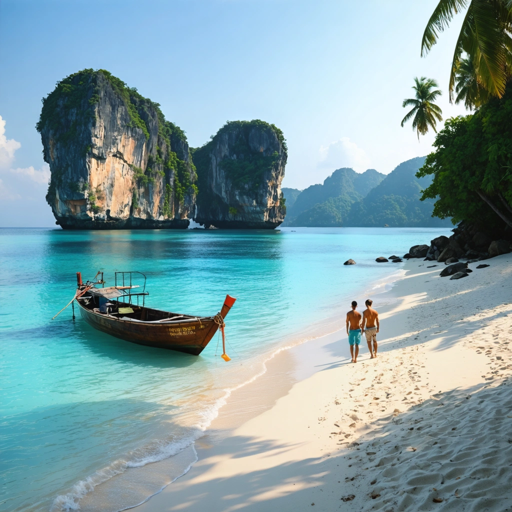 Vue réaliste d une plage paradisiaque aux Philippines avec eau turquoise, falaises calcaires, palmiers et bateau traditionnel