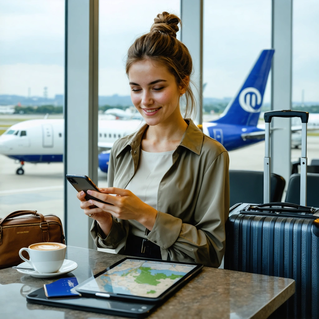 Une voyageuse dans un espace d’aéroport consulte son smartphone pour choisir une solution internet à l’étranger, avec une valise, un passeport, une carte SIM et un boitier Wi-Fi portable sur la table.