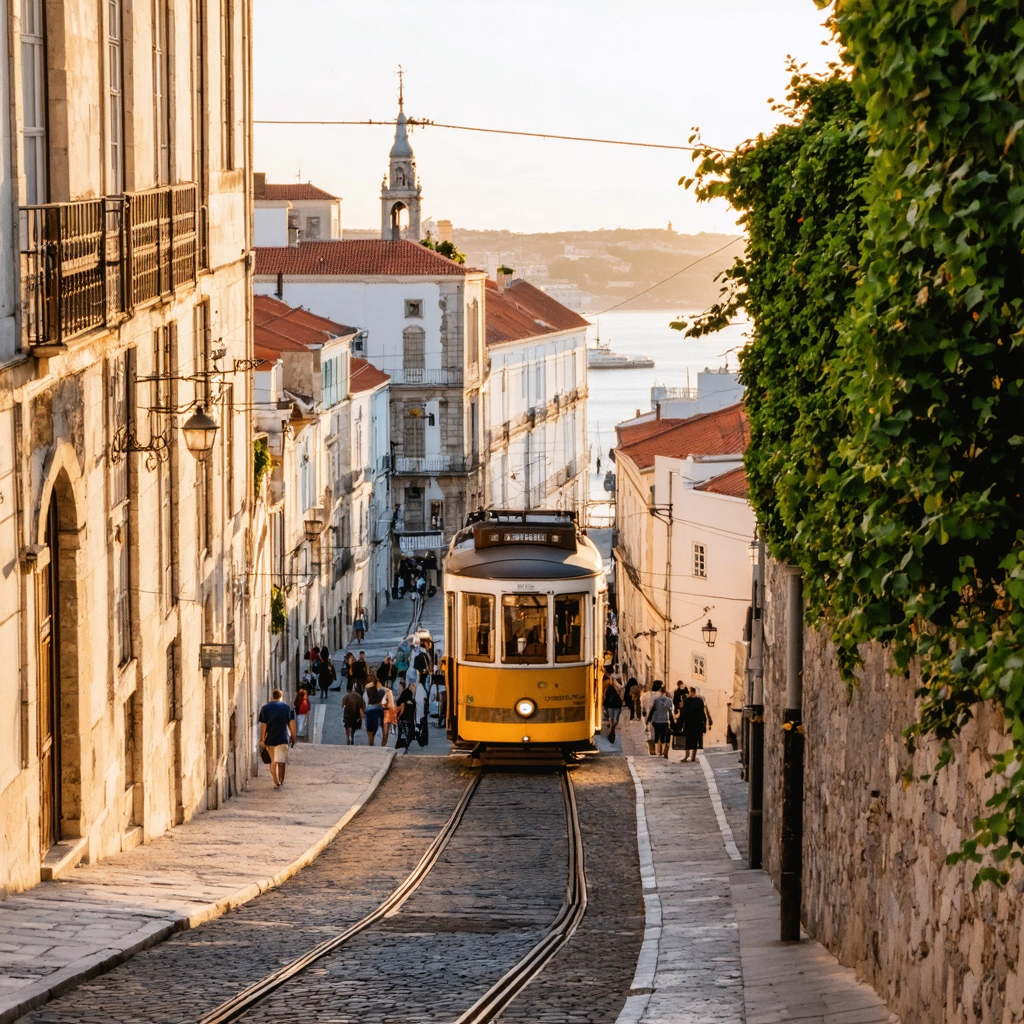 Vue réaliste de Lisbonne avec une rue pavée en pente, un tram jaune, des façades colorées et un panorama sur les toits rouges et le Tage