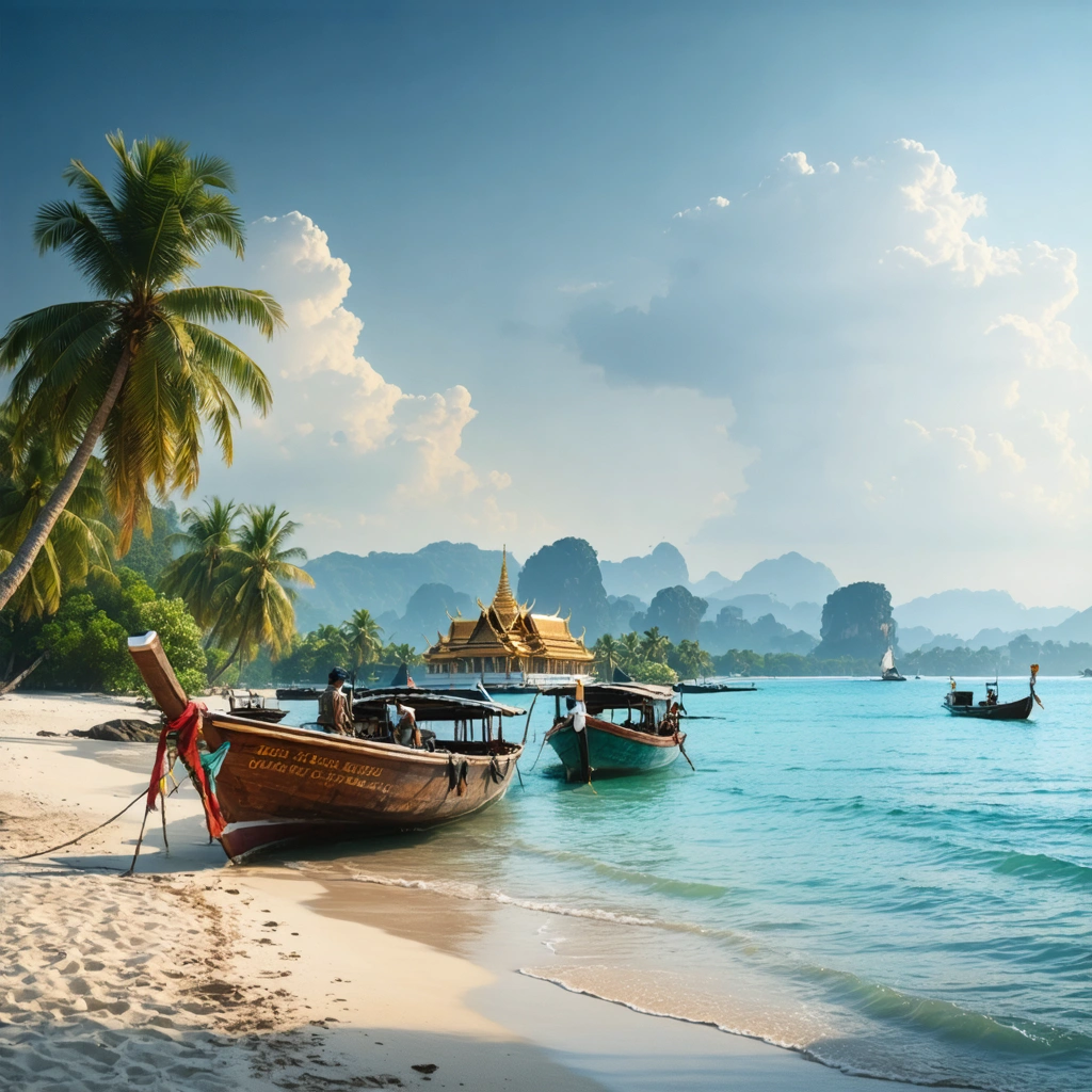 Plage en Thaïlande sous un ciel dégagé pendant la bonne saison, avec des bateaux traditionnels, des palmiers et un temple au loin