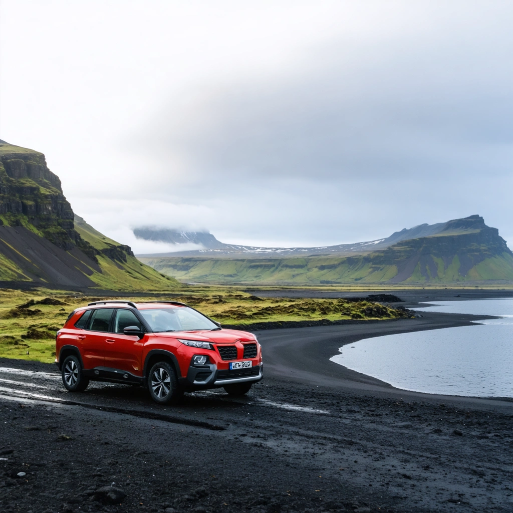 Une voiture arrêtée sur une route d’Islande face à un paysage spectaculaire avec montagne, cascade, champs de lave et lumière nordique