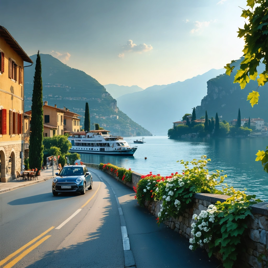 Vue réaliste d’un road trip autour des lacs du nord de l’Italie avec une route panoramique, un lac bleu, des villages italiens colorés et des montagnes en arrière-plan