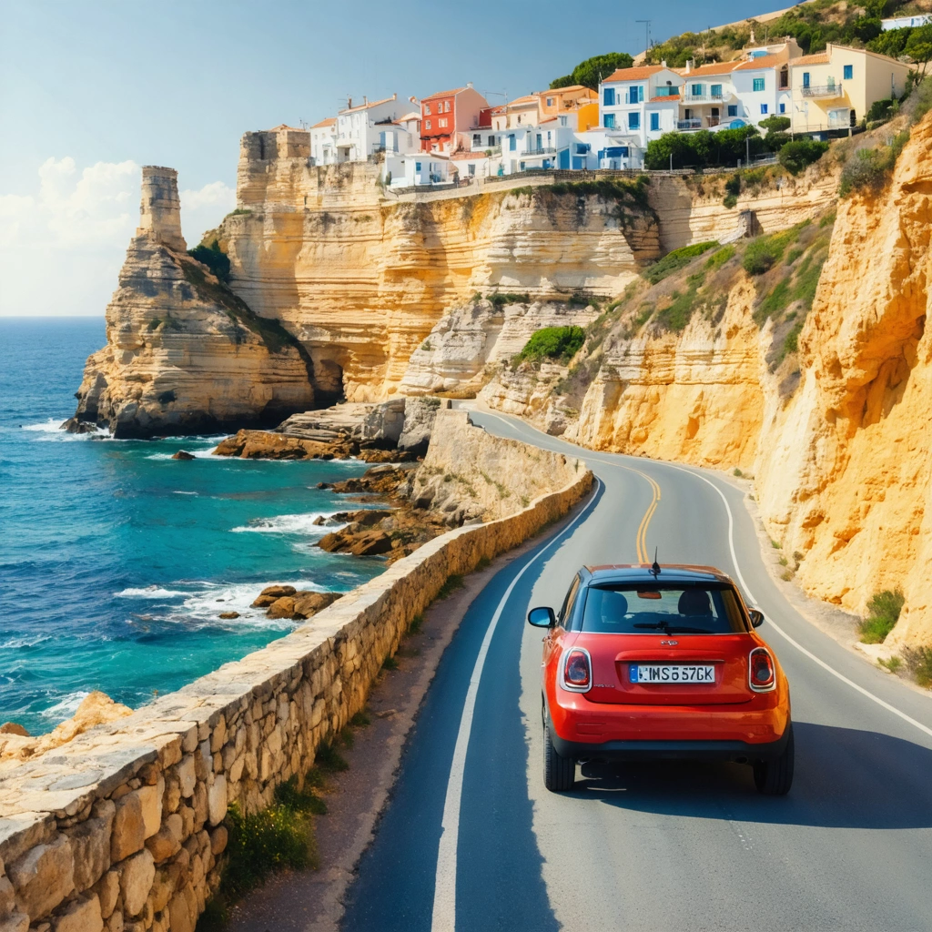 Voiture en road trip sur une route côtière du Portugal avec falaises dorées, océan Atlantique et ambiance de voyage entre Porto et Faro