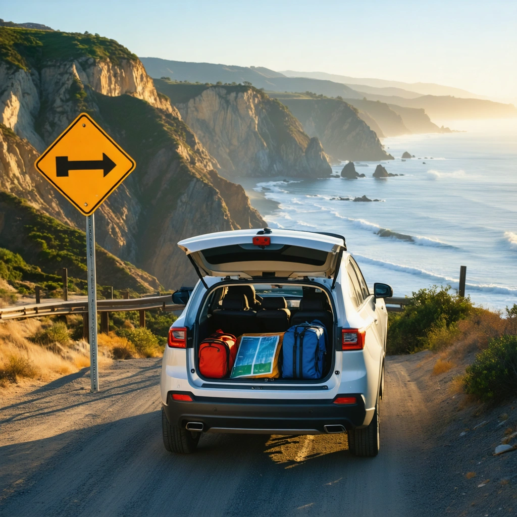 Voiture de location arrêtée sur un point de vue panoramique pendant un road trip sur la côte ouest des États-Unis, avec paysage mêlant côte californienne et reliefs désertiques au soleil couchant.