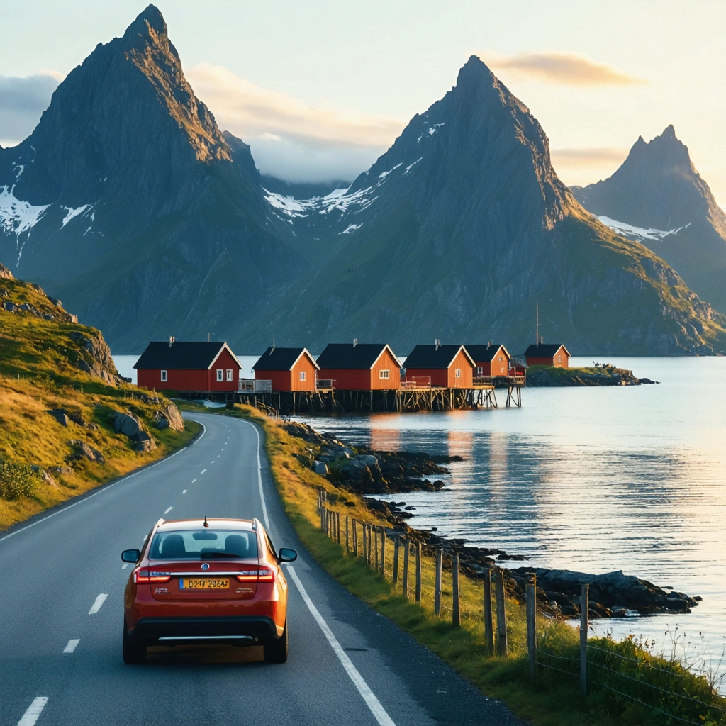 Route panoramique aux îles Lofoten en Norvège avec une voiture, des montagnes abruptes, la mer et des cabanes de pêcheurs rouges sous une lumière dorée