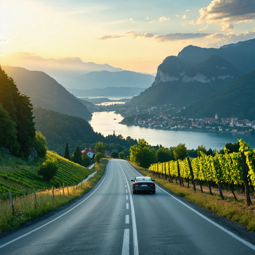 Route panoramique en Slovénie entre montagnes, lac alpin, rivière turquoise, vignobles et vue sur la mer près de Piran