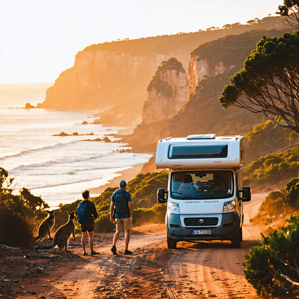 Un van aménagé stationné près de l’océan en Australie au lever du soleil, avec une ambiance de road trip sur une côte sauvage et lumineuse.
