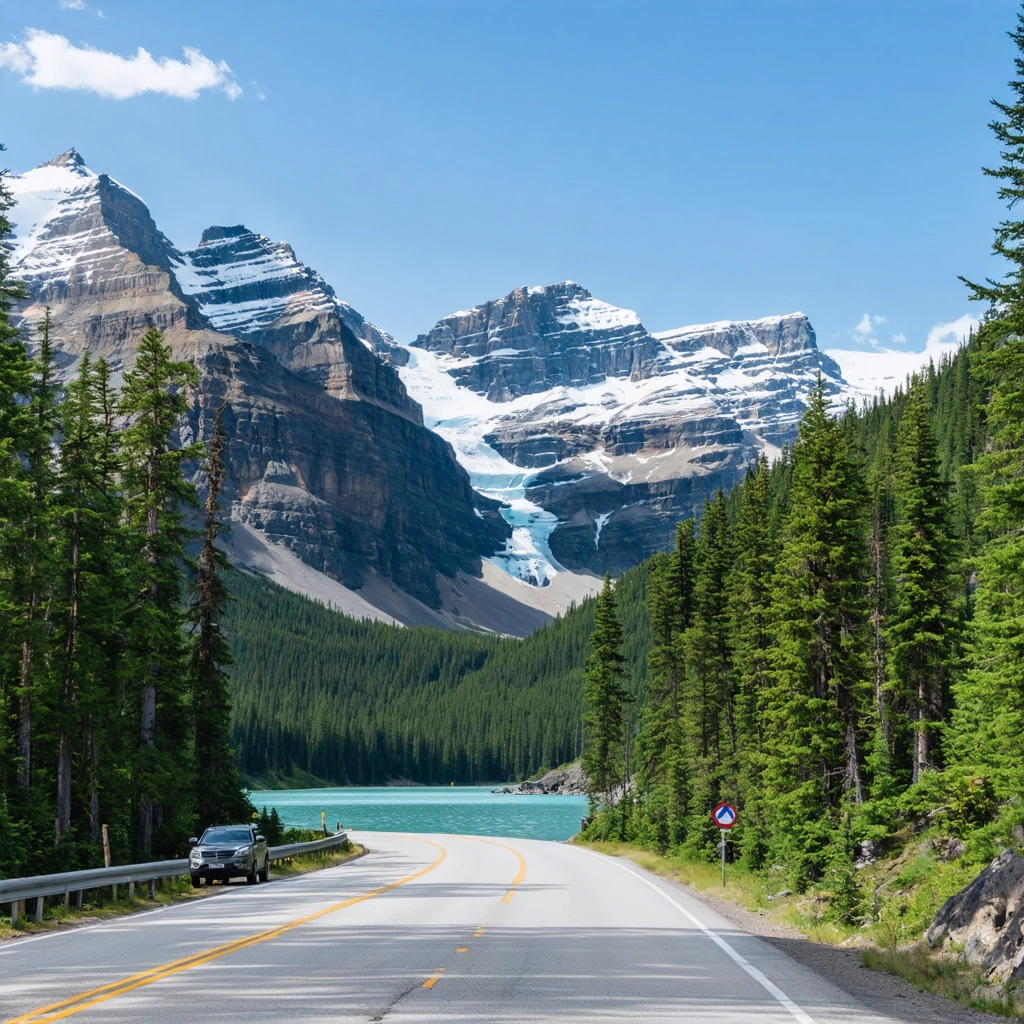 Vue réaliste de la promenade des Glaciers au Canada avec une route de montagne, un lac turquoise, des sommets rocheux et un glacier au loin