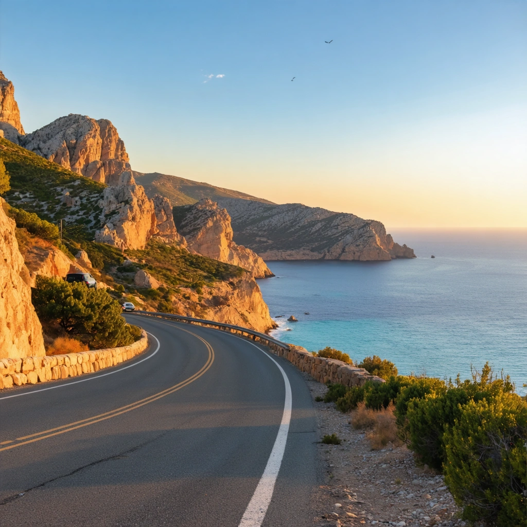 Route panoramique en Corse longeant des falaises rouges au-dessus de la mer turquoise, avec un point de vue spectaculaire au coucher du soleil.