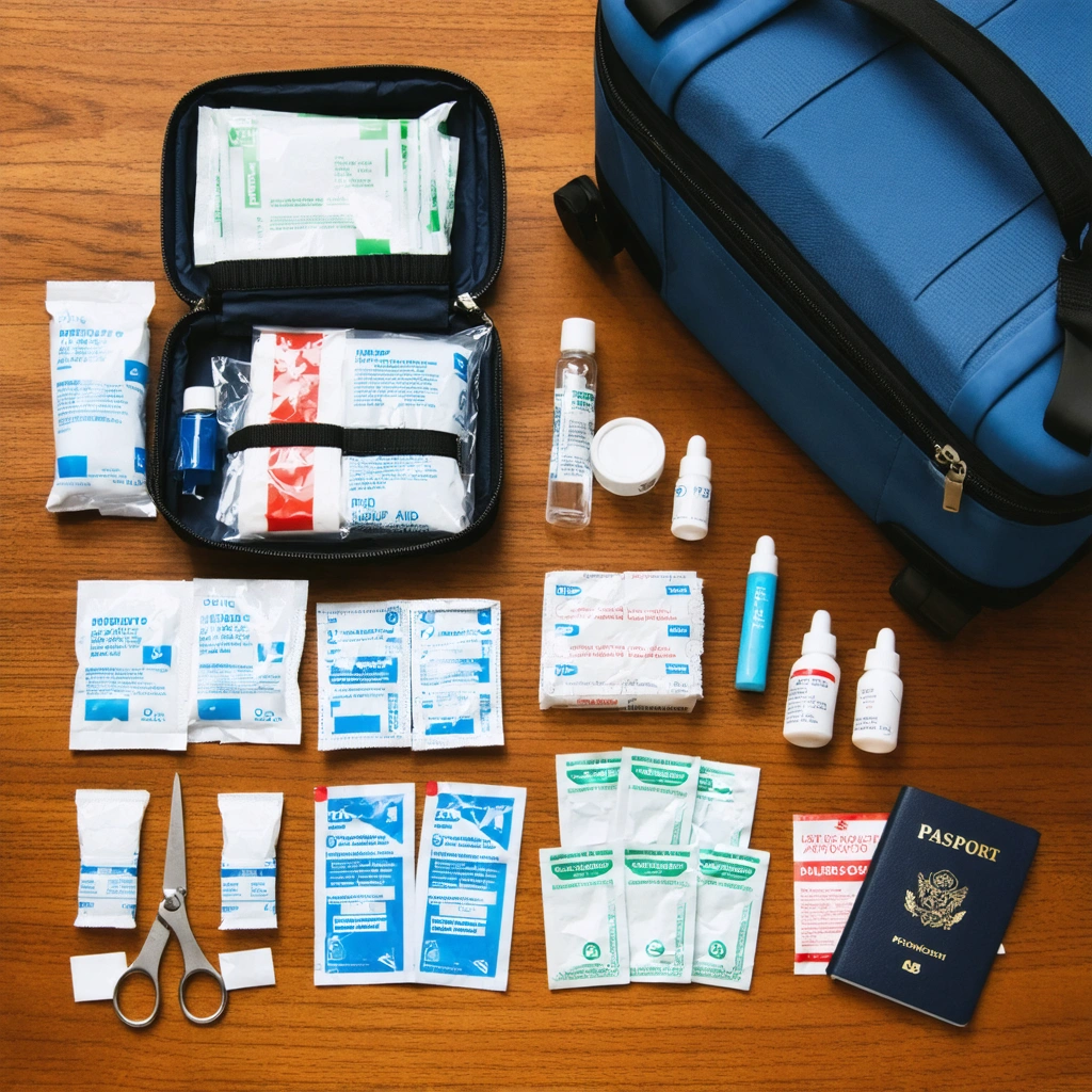 Trousse a pharmacie de voyage ouverte avec pansements, medicaments, thermometre, creme solaire et passeport a cote d une valise en preparation