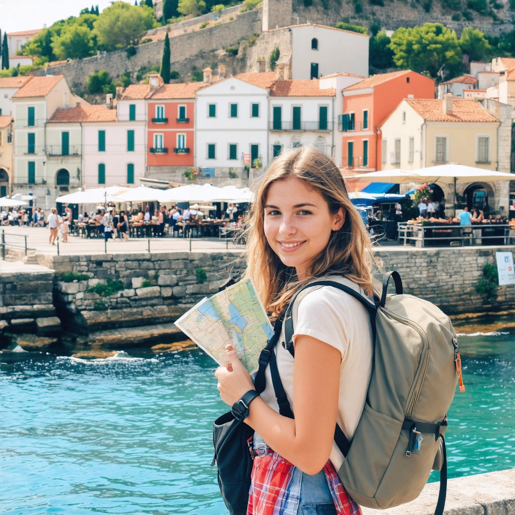Une voyageuse avec un sac a dos contemple un front de mer europeen en ete, avec des cafes, des batiments colores et une ambiance de vacances a petit budget.