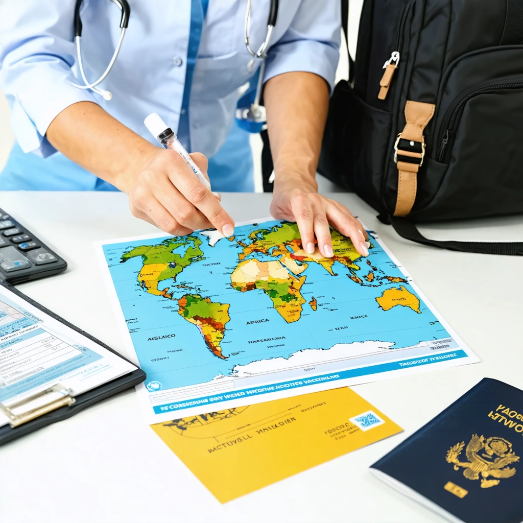 Une voyageuse prépare son départ en Afrique avec un carnet de vaccination, un passeport et des documents de voyage, pendant qu’un médecin l’aide à vérifier les vaccins nécessaires.