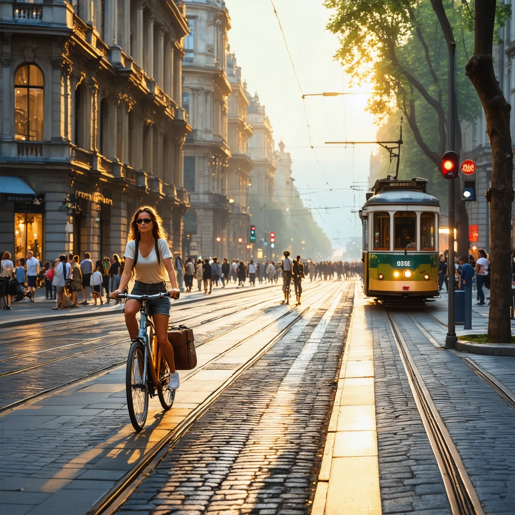 Vue réaliste d'une ville europeenne calme et sure avec rues propres, passants detendus, velos, architecture elegante et transports publics visibles
