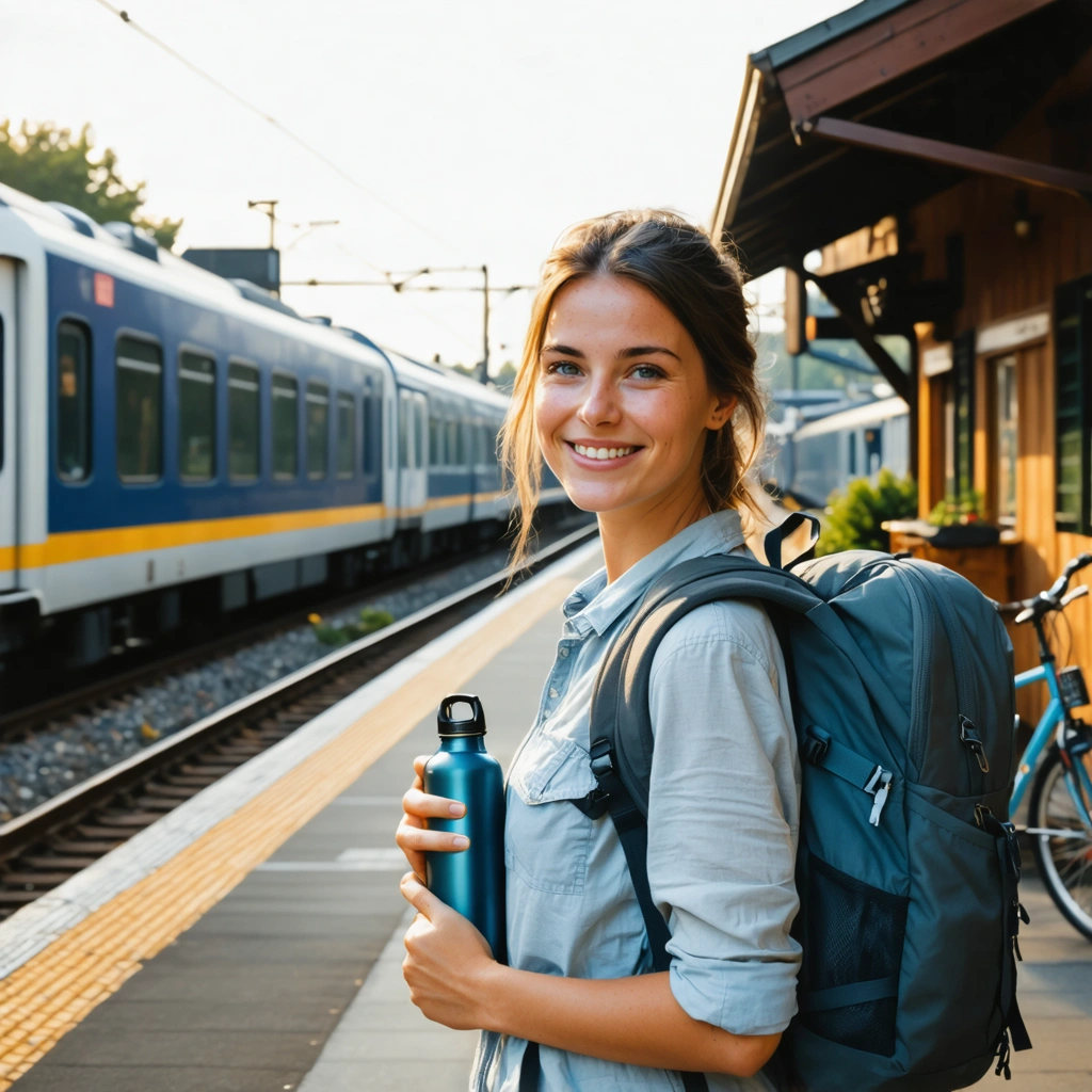 Une voyageuse avec un sac leger et une gourde reutilisable sur un quai de gare, pres d un velo, symbolisant un voyage responsable a faible empreinte carbone.